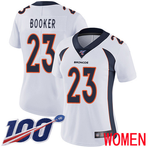 Women Denver Broncos #23 Devontae Booker White Vapor Untouchable Limited Player 100th Season Football NFL Jersey